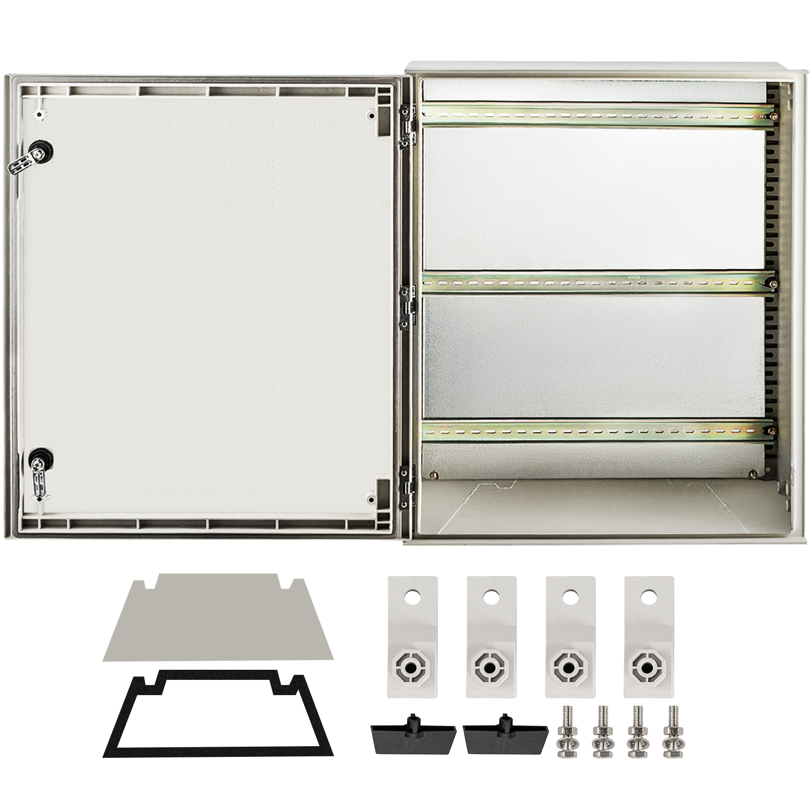 VEVOR nema 4x electrical enclosure with lockable door, metal shelves, and mounting kit.