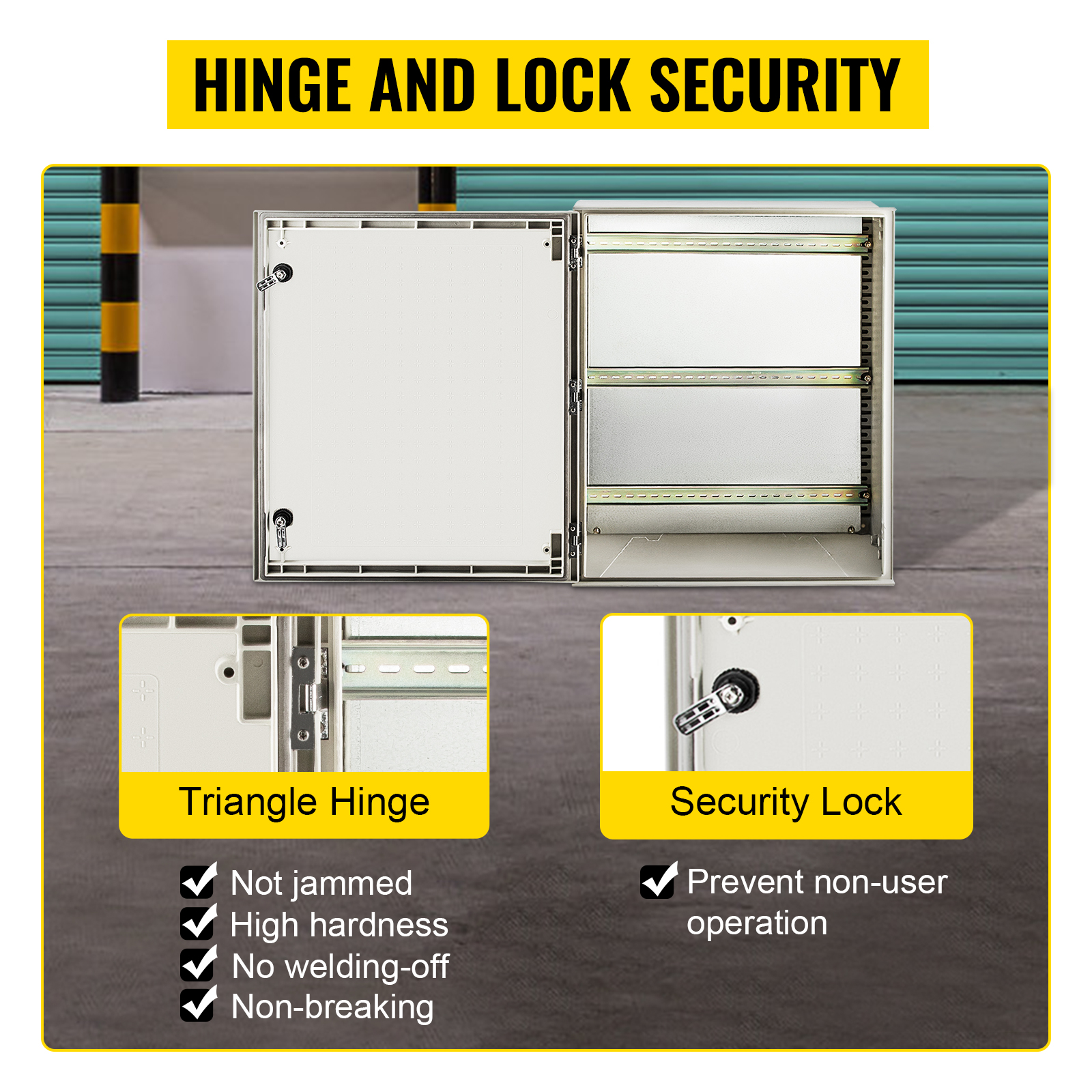 VEVOR nema 4x electrical enclosure showcasing hinge and lock security.