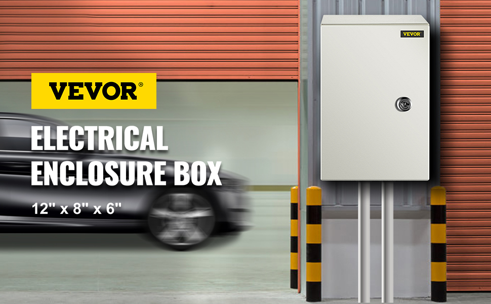 VEVOR nema 4x steel enclosure, 12"x8"x6", against orange and grey backdrop.
