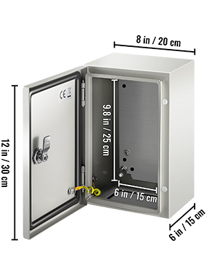 VEVOR nema 4x steel enclosure with dimensions marked for width, height, and depth.