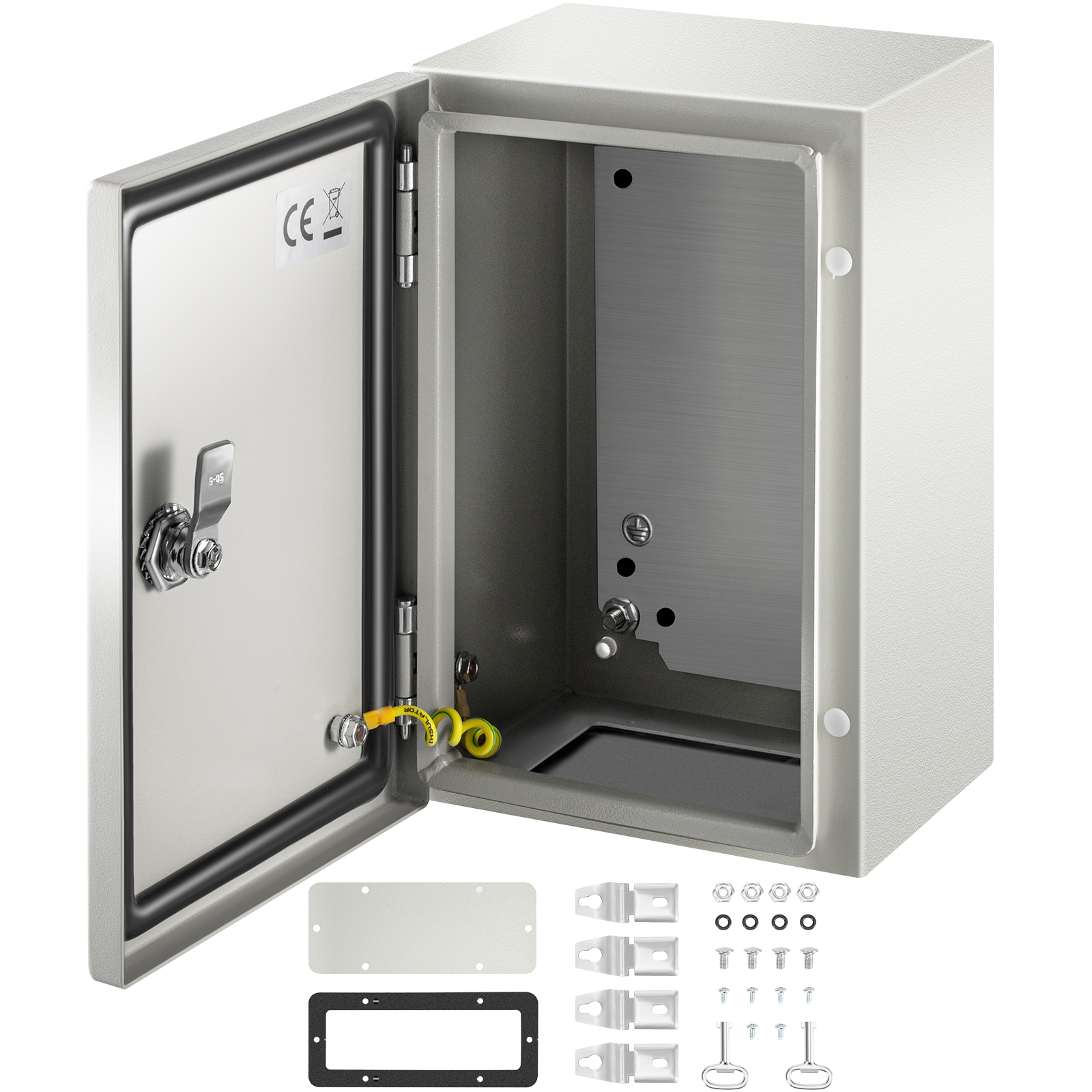 VEVOR nema 4x steel enclosure open with mounting accessories displayed.
