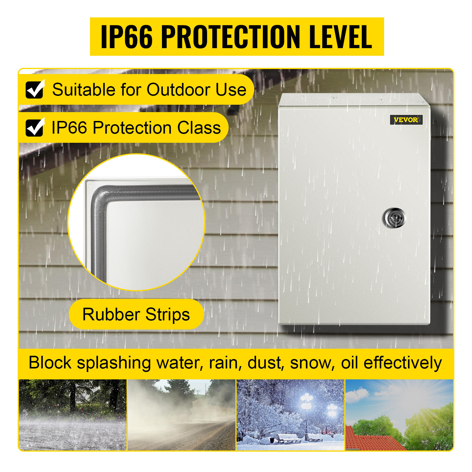 VEVOR nema 4x steel enclosure with ip66 protection against water, dust, snow, and oil.