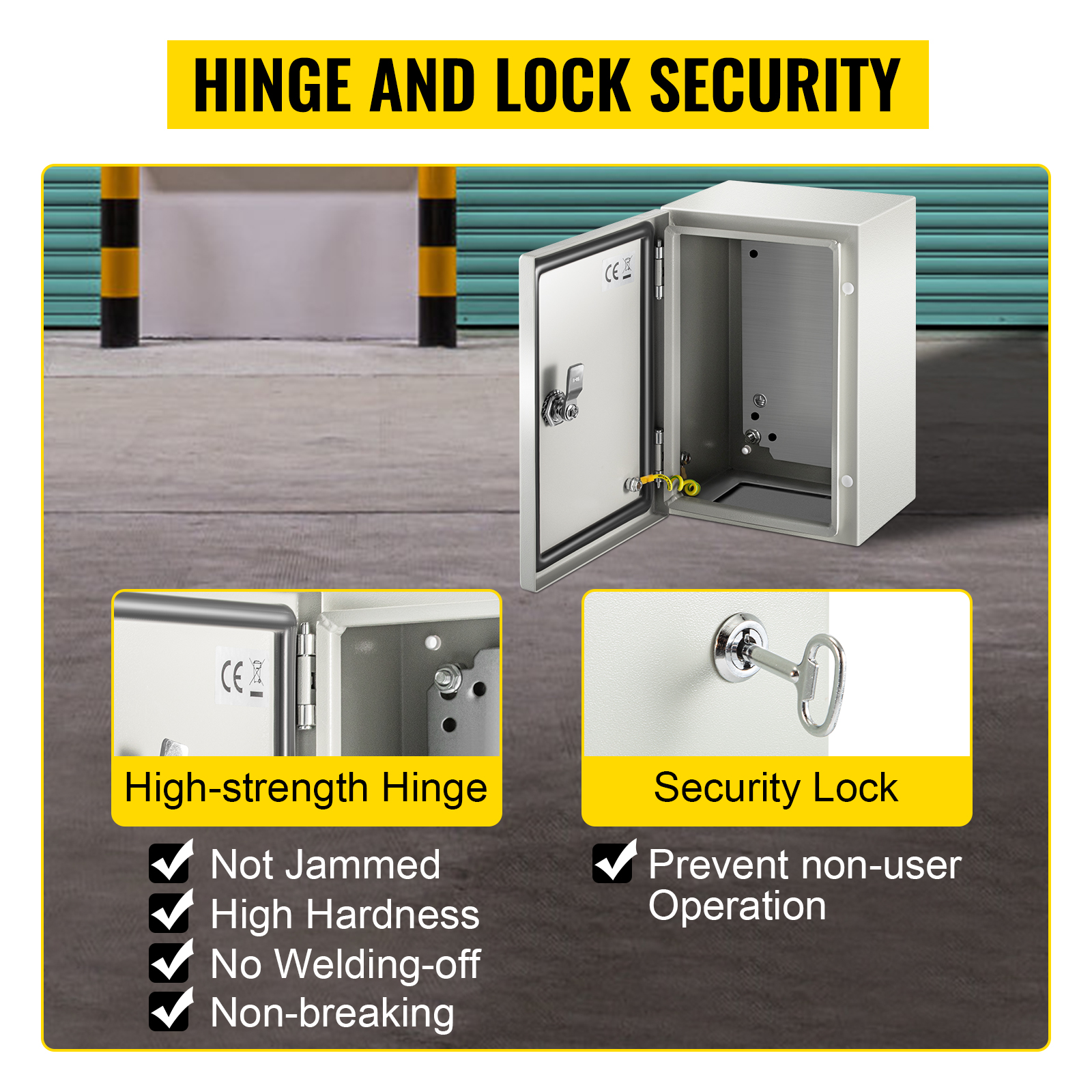 VEVOR nema 4x steel enclosure with high-strength hinge and security lock features.