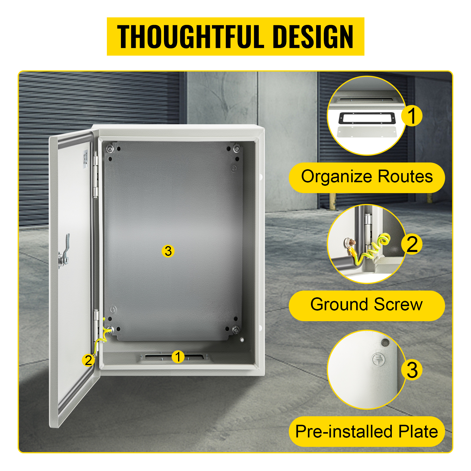 VEVOR nema 4x steel enclosure, organize routes, ground screw, pre-installed plate.