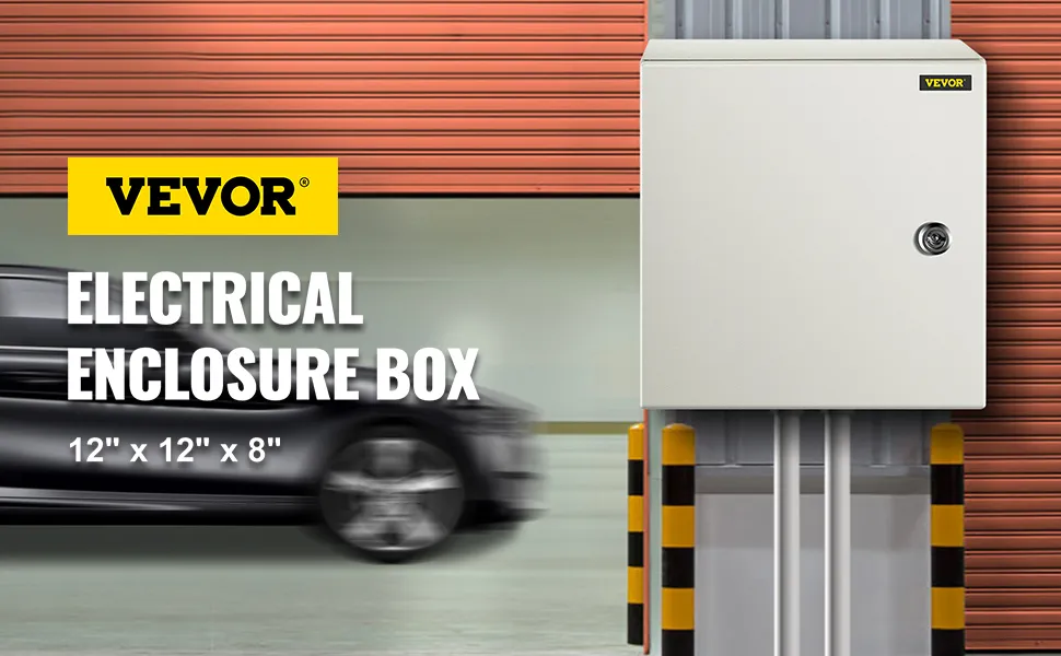 VEVOR nema steel enclosure box in front of a blurred car and a red garage door.
