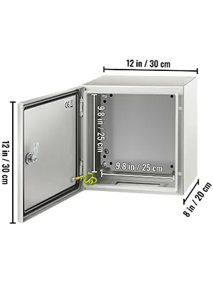 VEVOR nema steel enclosure showing dimensions: 12x12x8 inches.