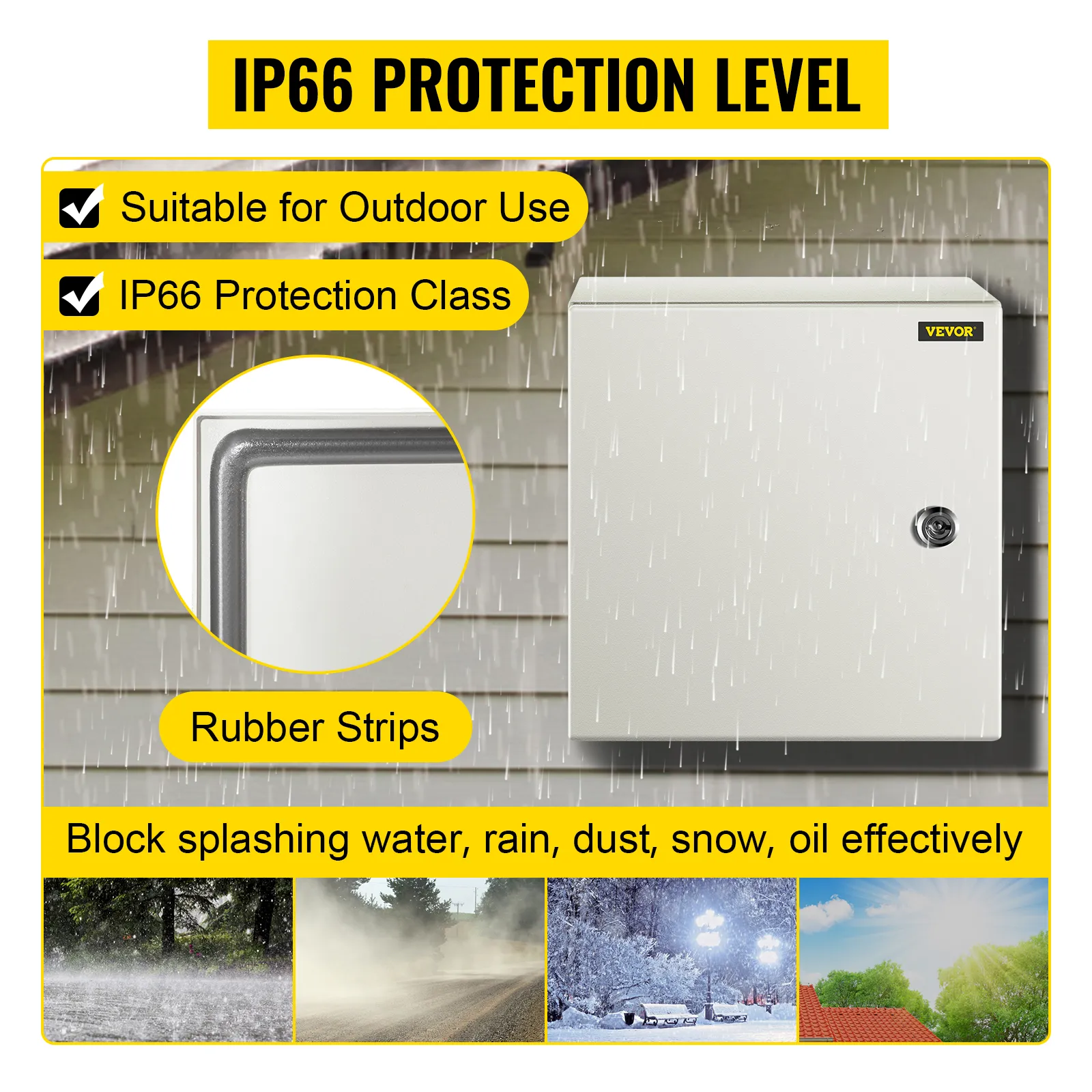 VEVOR nema steel enclosure with ip66 protection, rubber strips, for outdoor use.