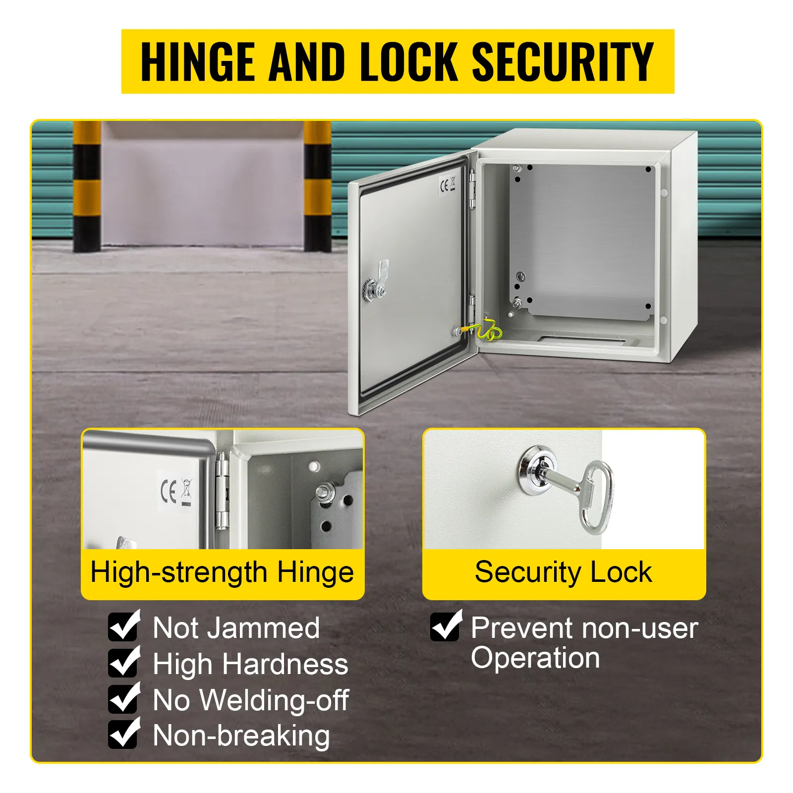 VEVOR nema steel enclosure with high-strength hinge and secure lock mechanism.