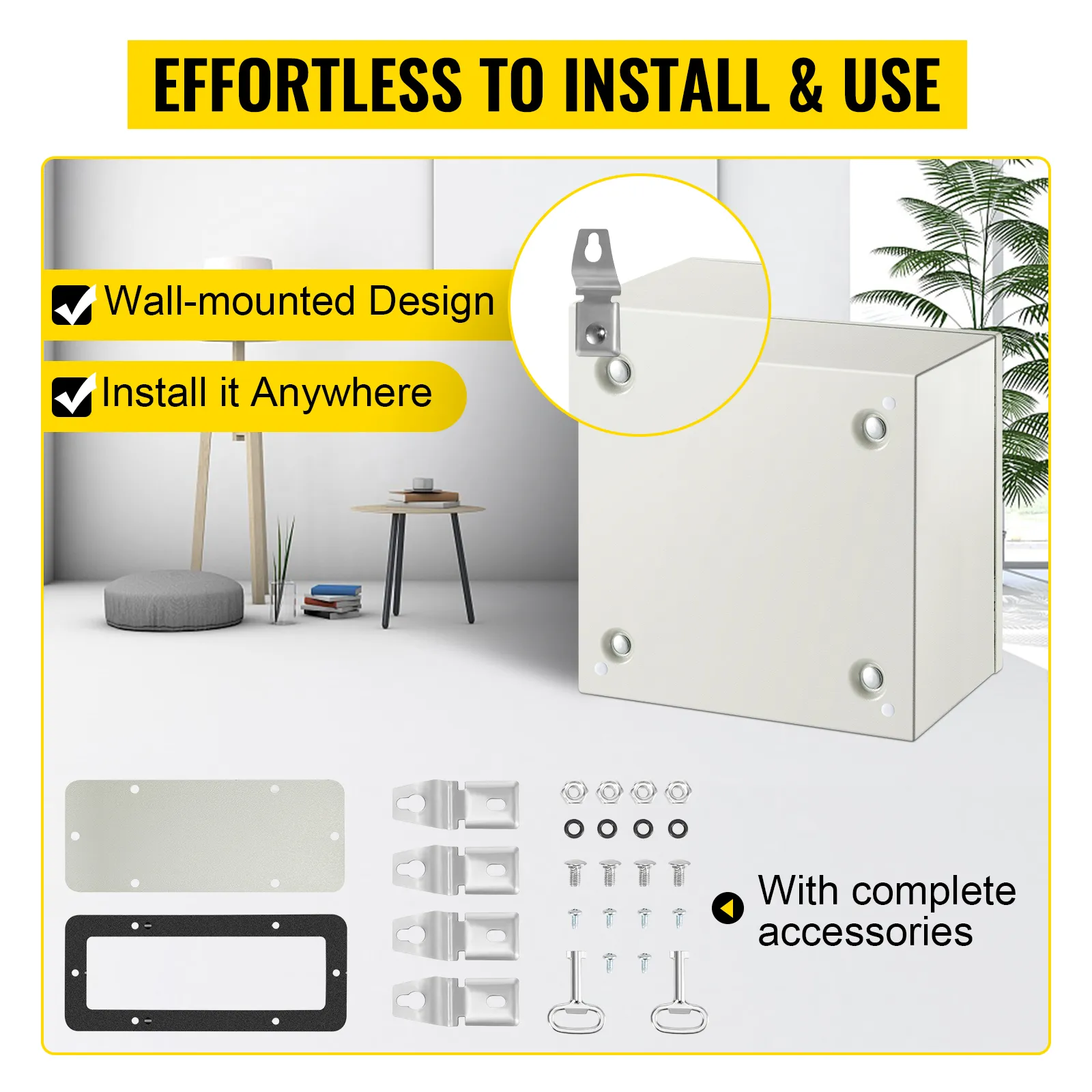 VEVOR nema steel enclosure with wall-mount design and installation accessories.