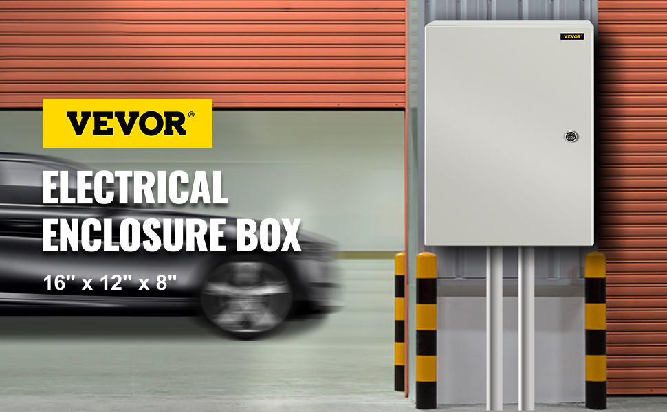 VEVOR nema steel enclosure at a garage with a car in motion. 16"x12"x8".