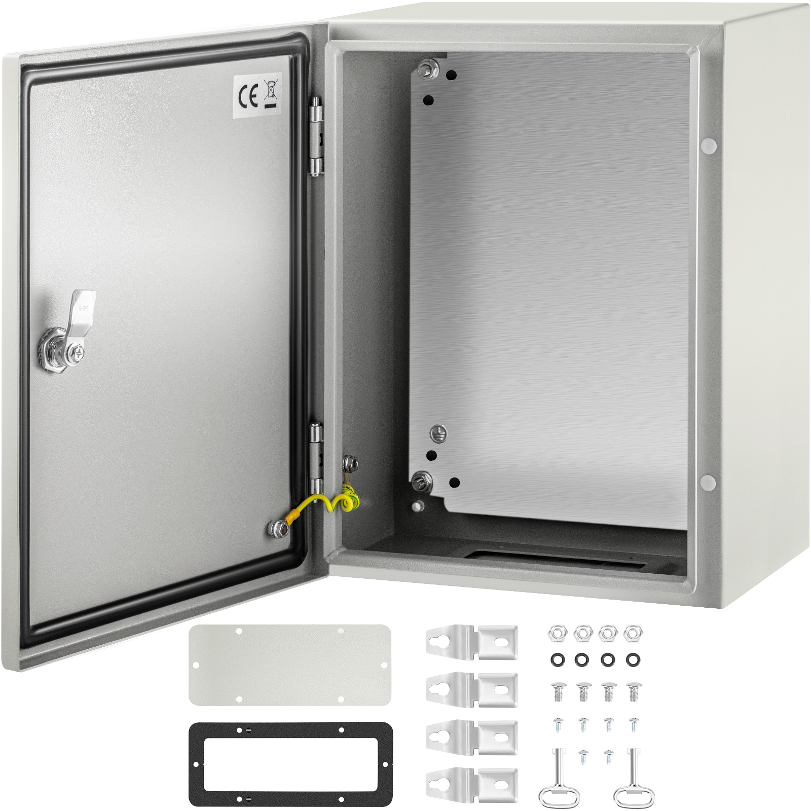 VEVOR nema steel enclosure with accessories and open hinged door showing internal panel.
