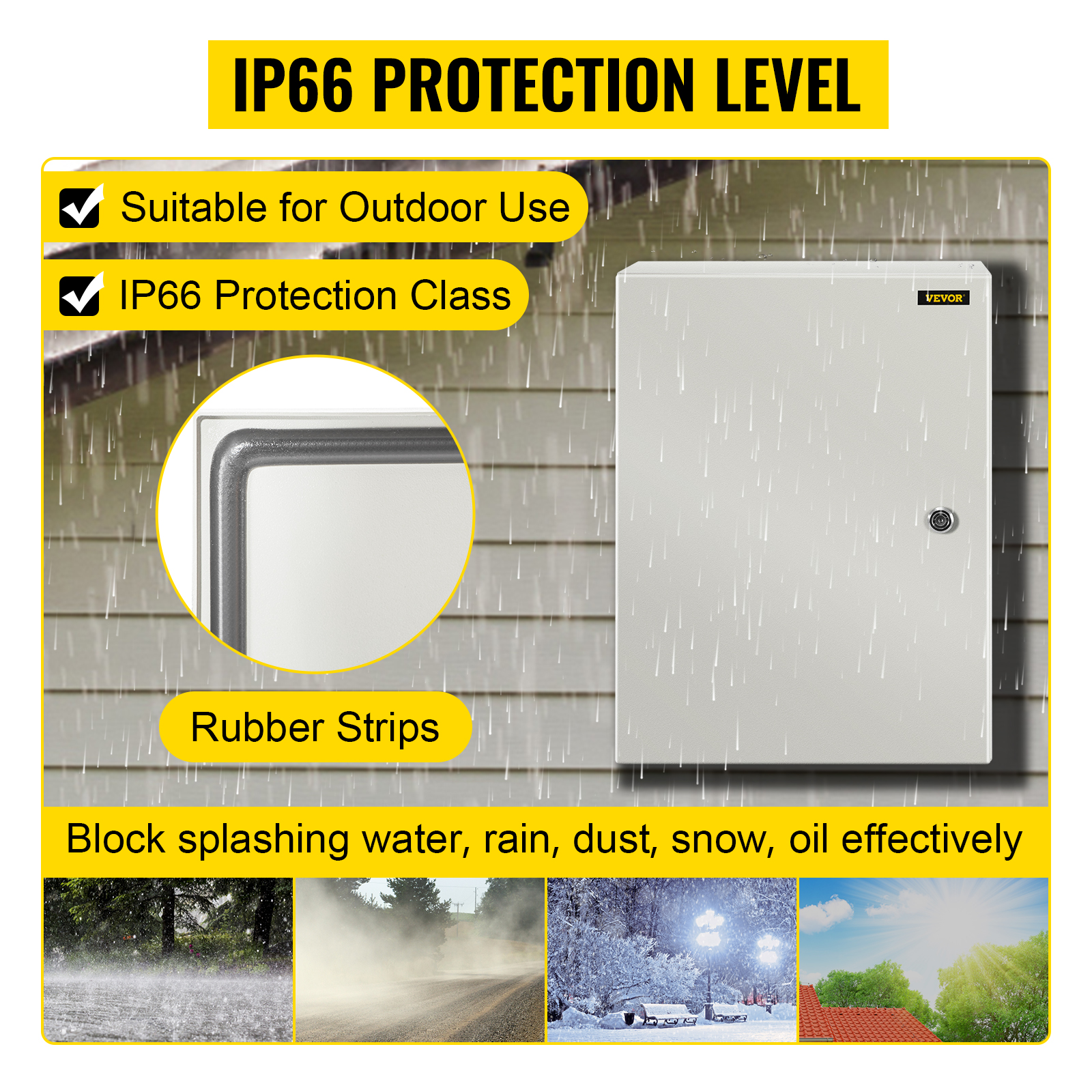 VEVOR nema steel enclosure with ip66 protection for outdoor use blocks water, dust, snow.
