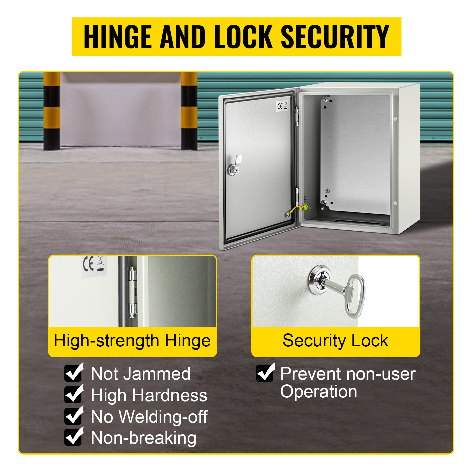 VEVOR nema steel enclosure with high-strength hinge and security lock.