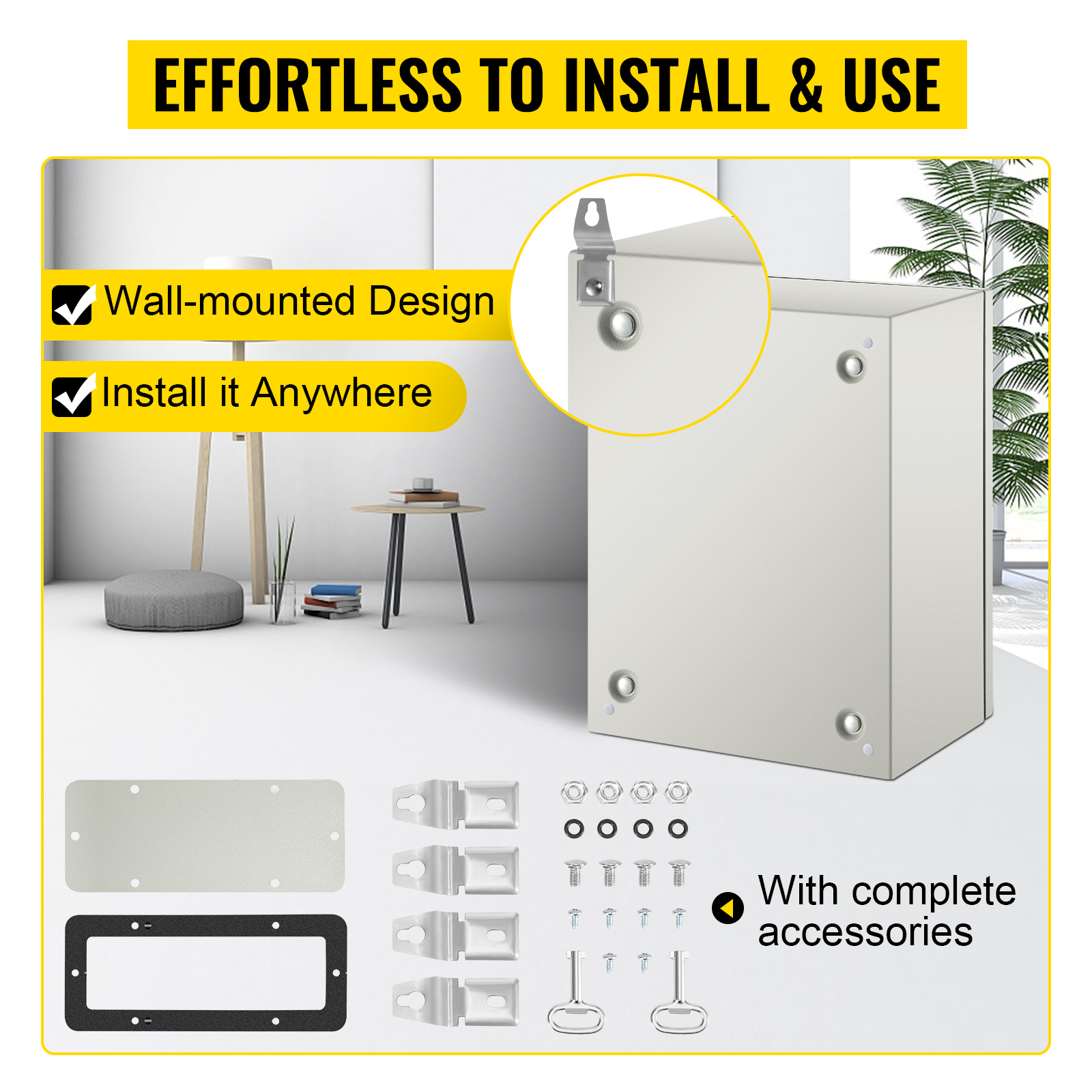 VEVOR nema steel enclosure with wall-mounted design, complete with accessories.