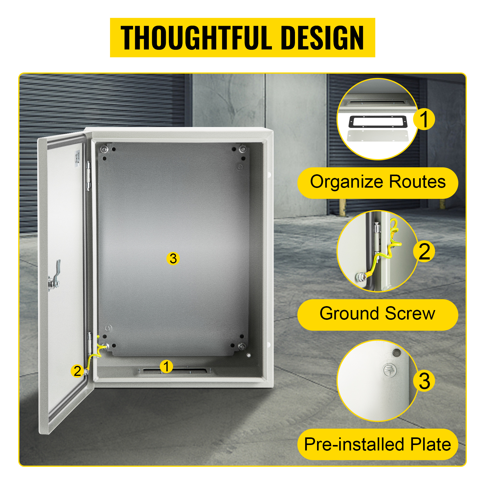VEVOR nema steel enclosure with organized routes, ground screw, and pre-installed plate.
