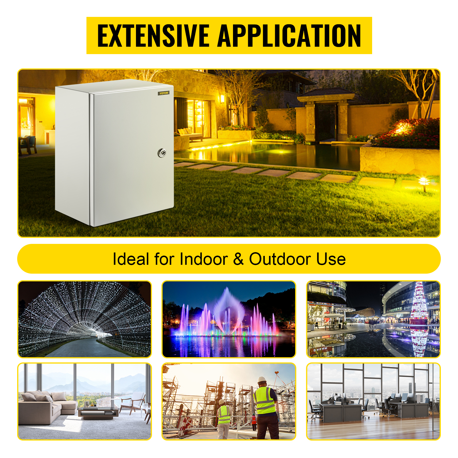 VEVOR nema steel enclosure used for indoor and outdoor applications, various settings shown.