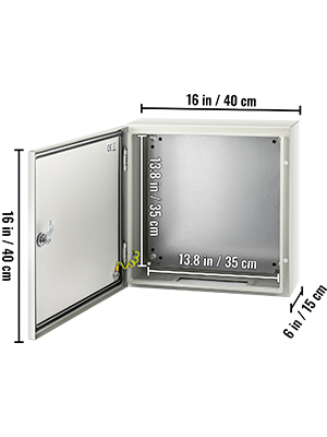 open VEVOR nema 4x steel enclosure with dimensions: 16in x 16in x 6in, gray interior.