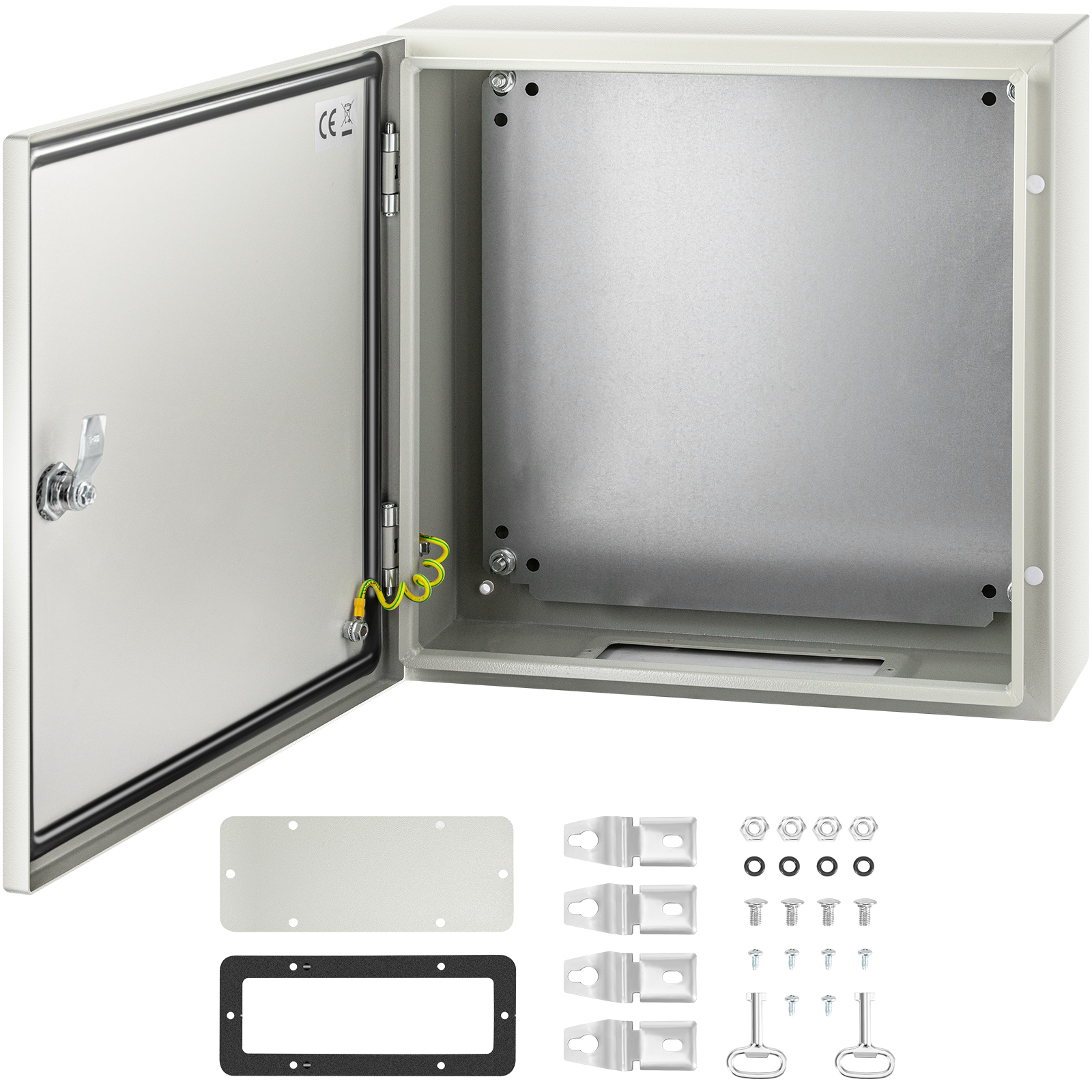 VEVOR nema 4x steel enclosure with open door and included mounting hardware.