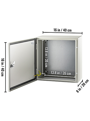 VEVOR nema steel enclosure with dimensions 16x16x8 inches, door open ajar.