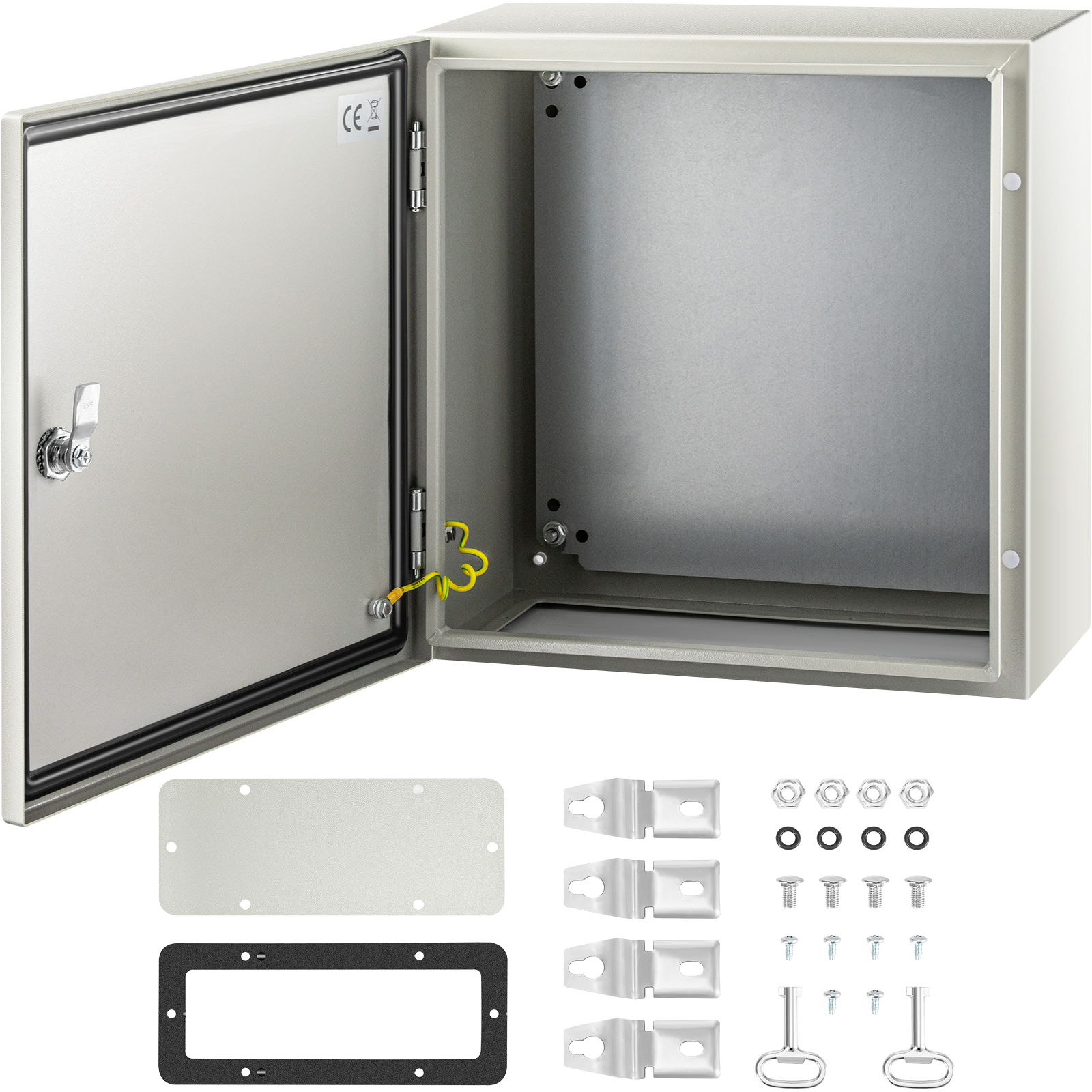 VEVOR nema steel enclosure with open door and mounting hardware.