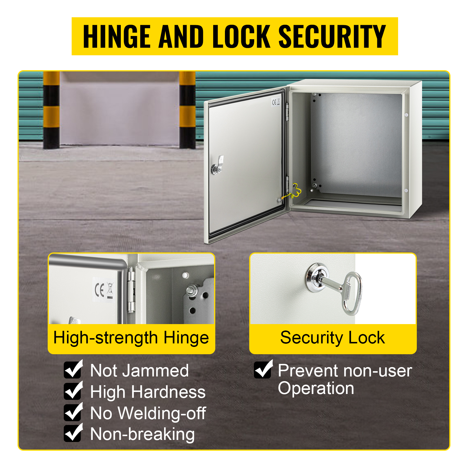 VEVOR nema steel enclosure with high-strength hinge and security lock.