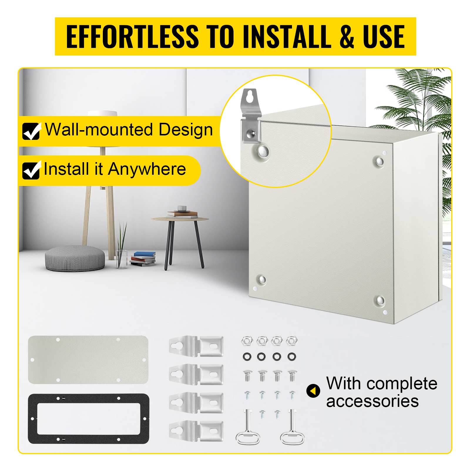 VEVOR nema steel enclosure with wall-mounted design and complete accessories. effortless use.