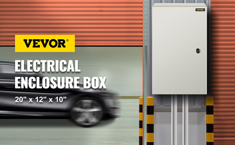 VEVOR nema steel enclosure mounted on a wall near a parked car and garage door.