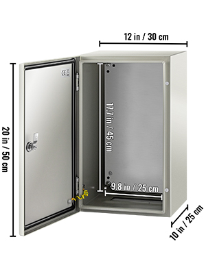 VEVOR nema steel enclosure, open door, 20x12x10 inches with internal dimensions marked.
