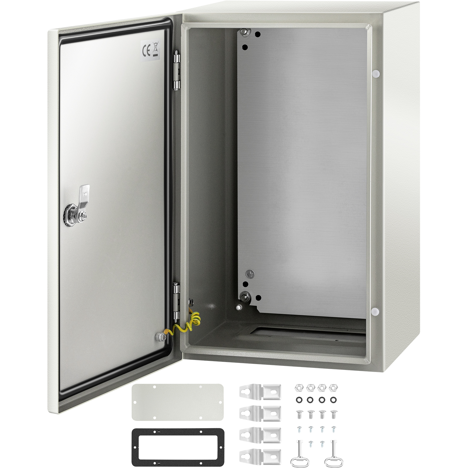 VEVOR nema steel enclosure with door open and mounting accessories displayed.