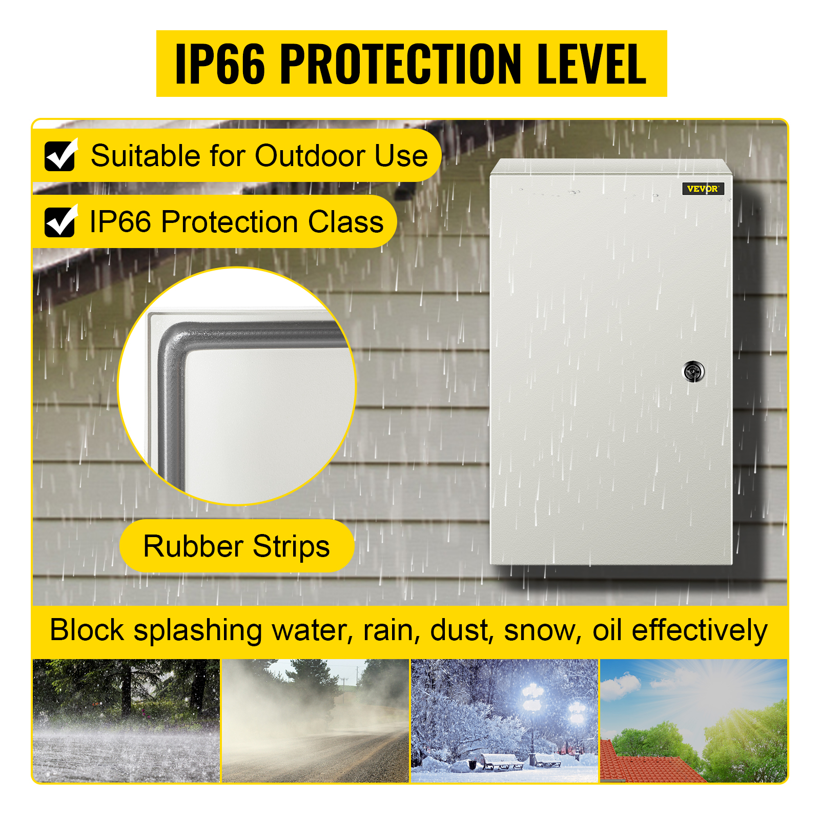 VEVOR nema steel enclosure, ip66 protection, outdoor use, rubber strips, weatherproof.
