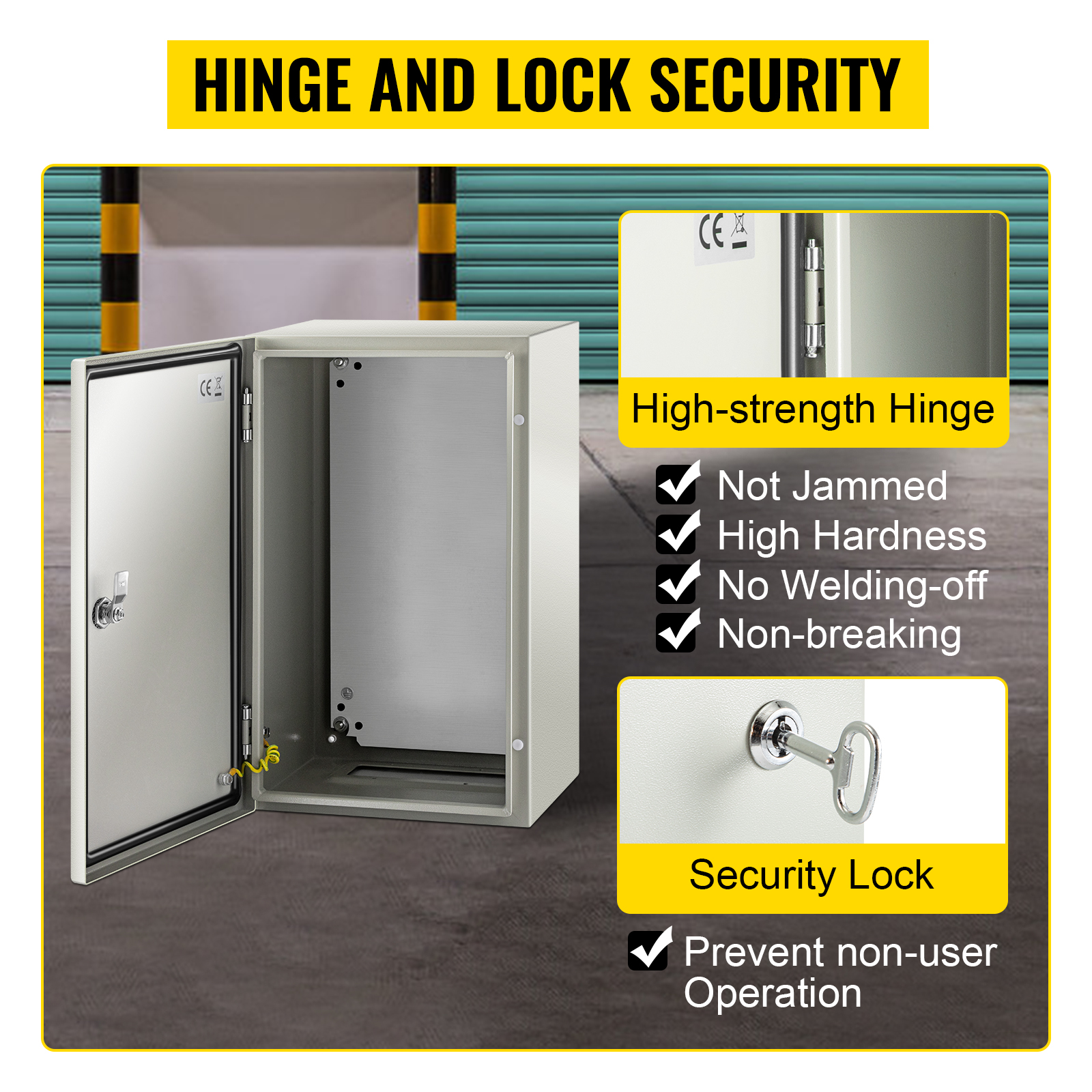 VEVOR nema steel enclosure with high-strength hinge, security lock, and durable design.