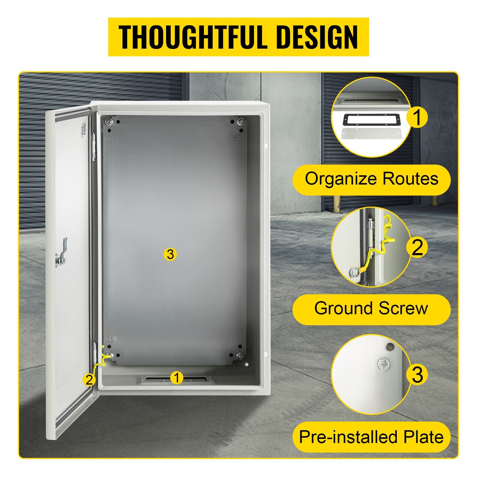 VEVOR nema steel enclosure with labeled features: organize routes, ground screw, pre-installed plate.