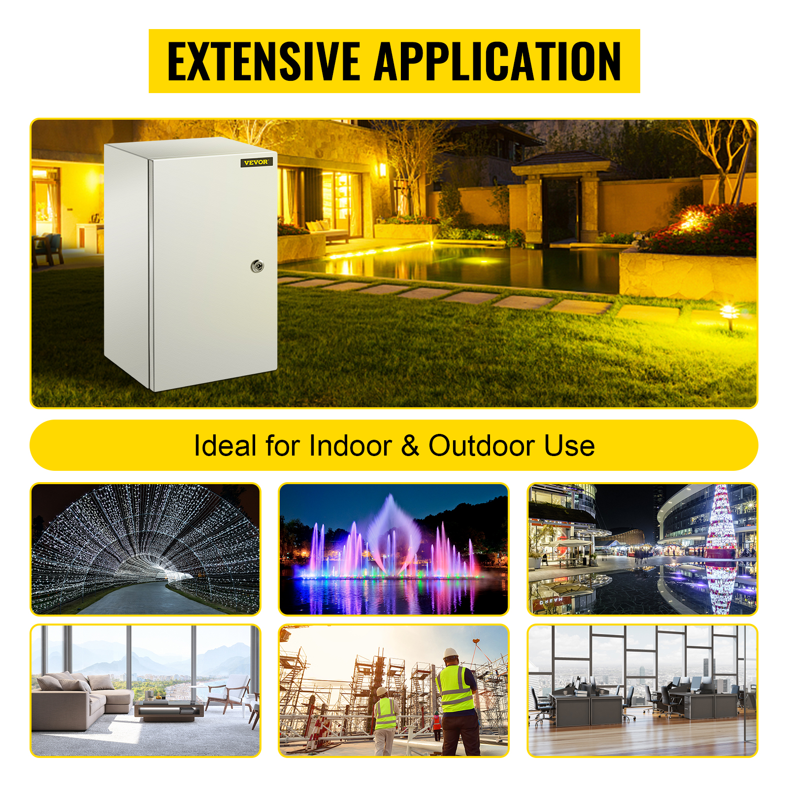 VEVOR nema steel enclosure for diverse indoor and outdoor applications.