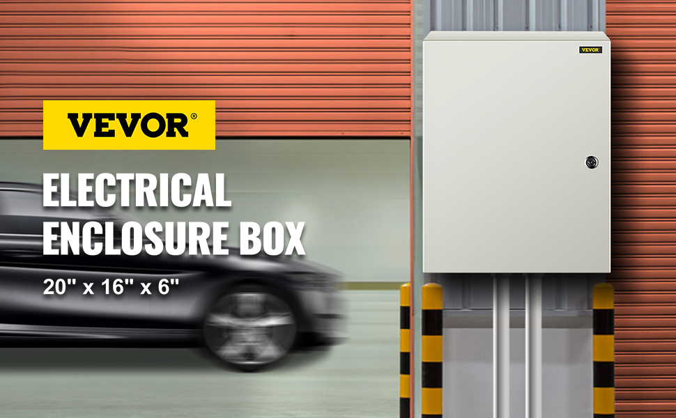 VEVOR nema steel enclosure box 20" x 16" x 6" mounted near a garage door.