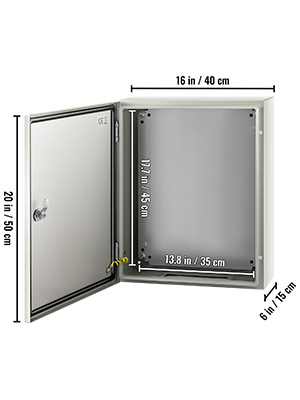 VEVOR nema steel enclosure open with dimensions labeled 20x16x6 inches.