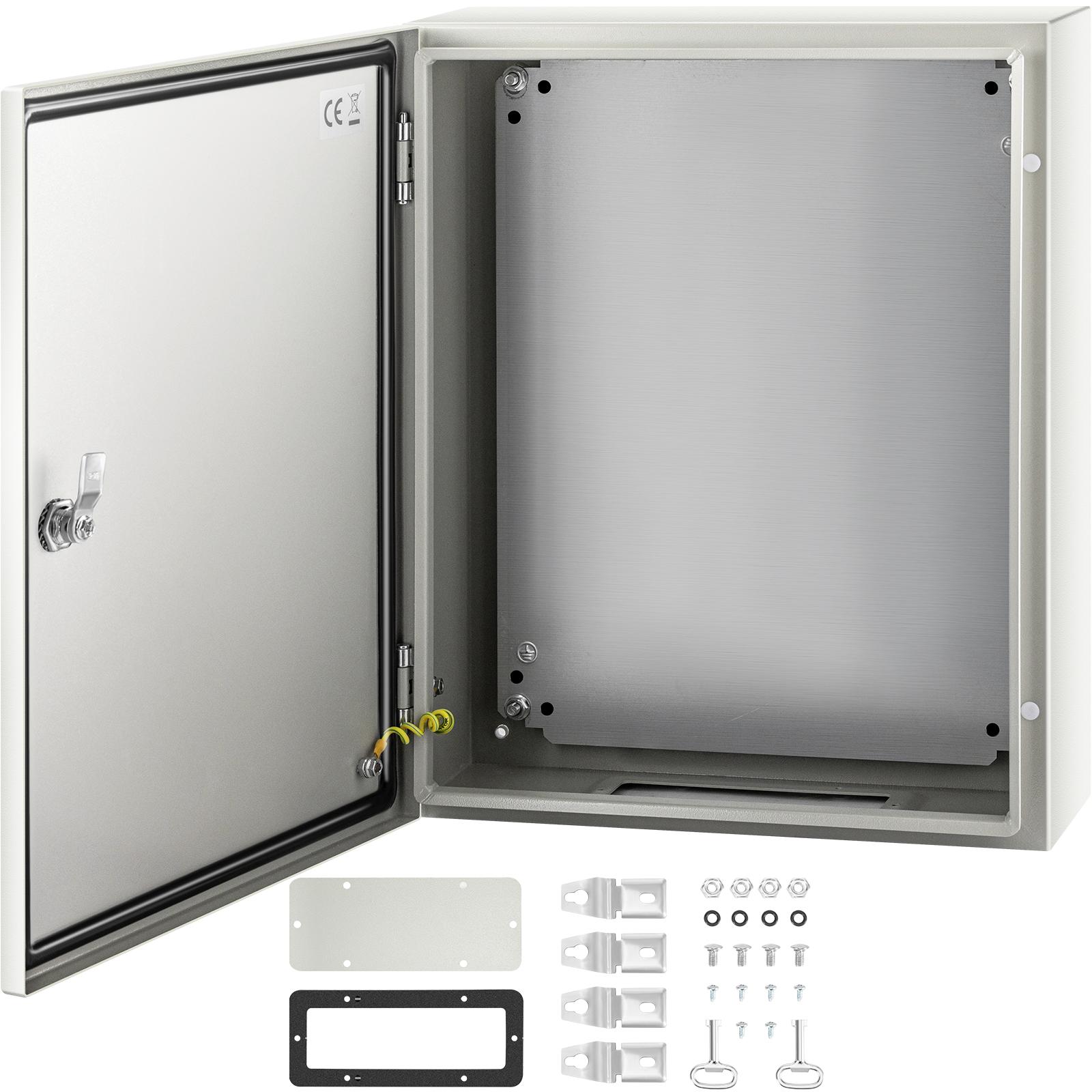 VEVOR nema steel enclosure with open door and mounting accessories.