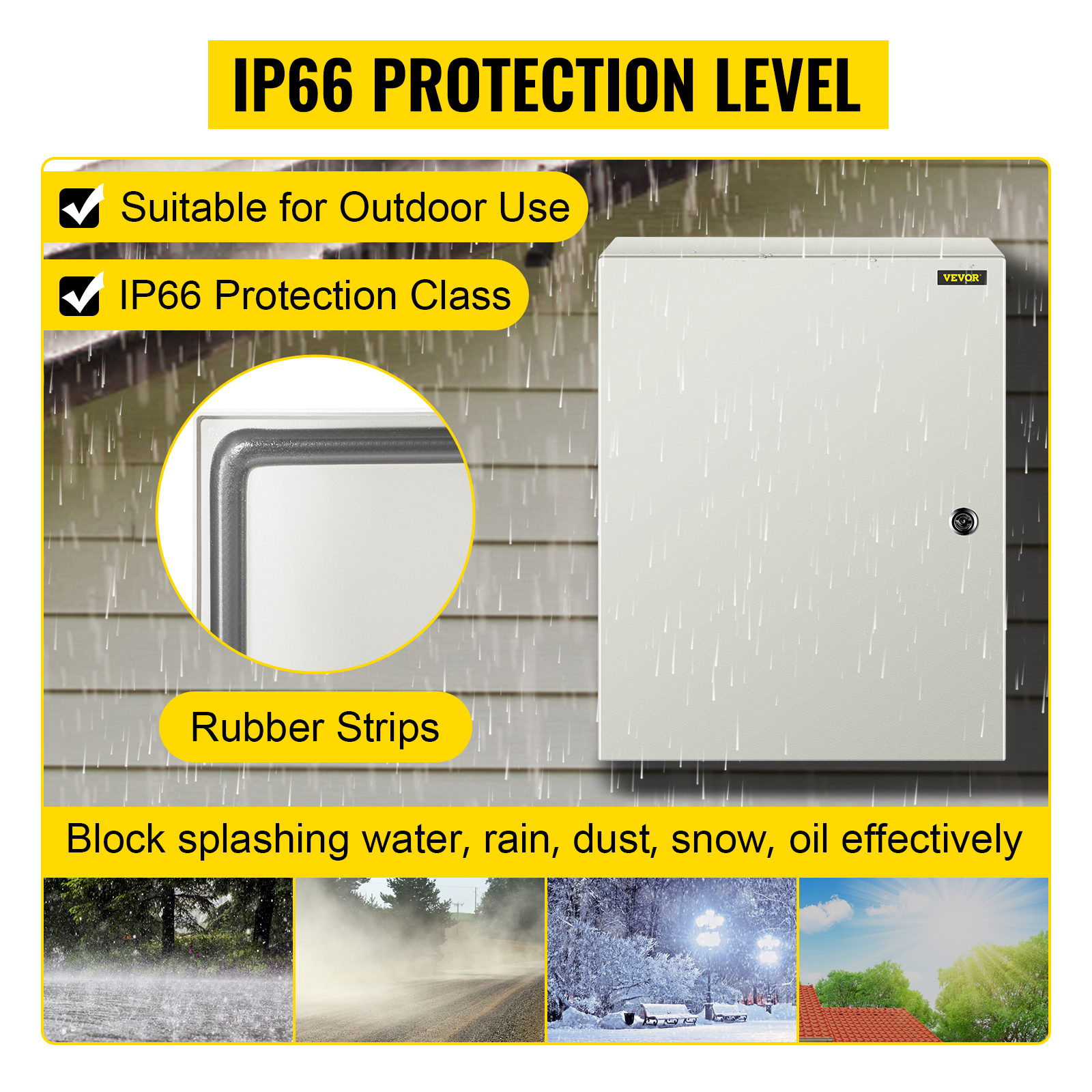 VEVOR nema steel enclosure with ip66 protection for outdoor use, rubber strips included.
