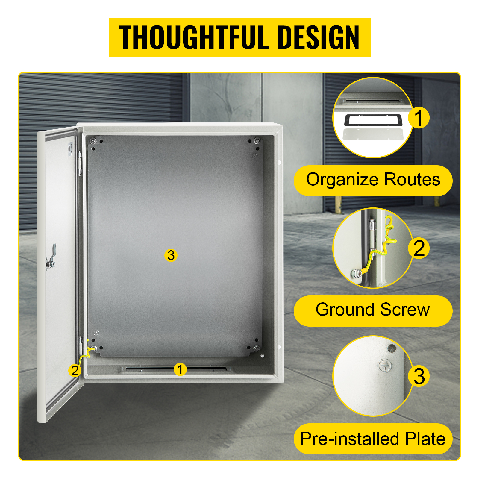VEVOR nema steel enclosure showcasing organize routes, ground screw, and pre-installed plate.