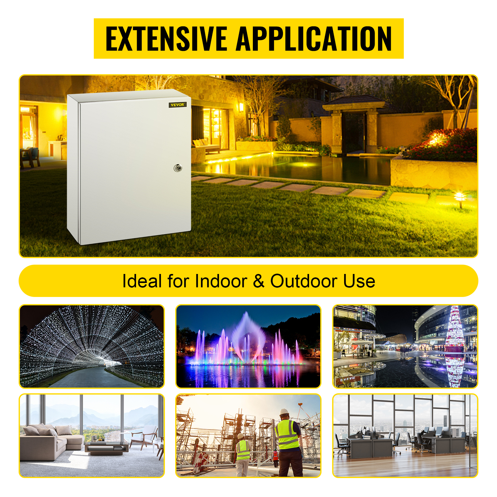 VEVOR nema steel enclosure for indoor and outdoor applications in various settings.