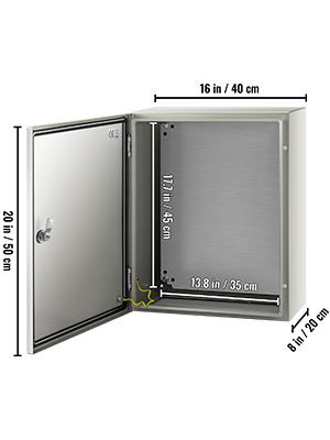 VEVOR nema steel enclosure with open door and internal dimensions displayed.