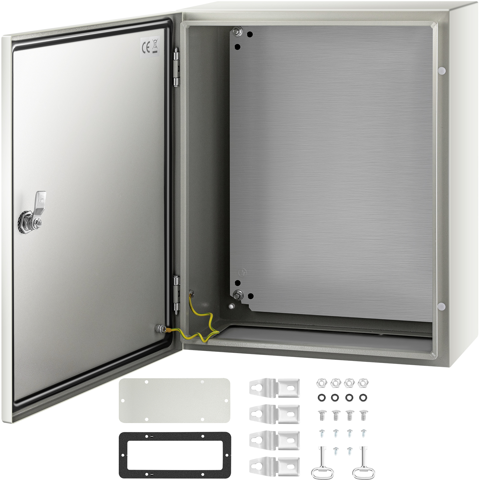VEVOR nema steel enclosure with open door, mounting plate, and installation accessories.