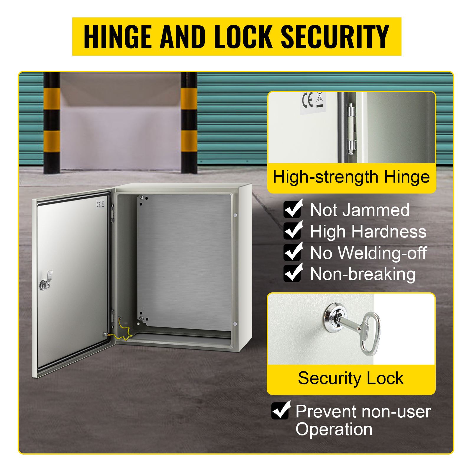 VEVOR nema steel enclosure with high-strength hinge and security lock features.