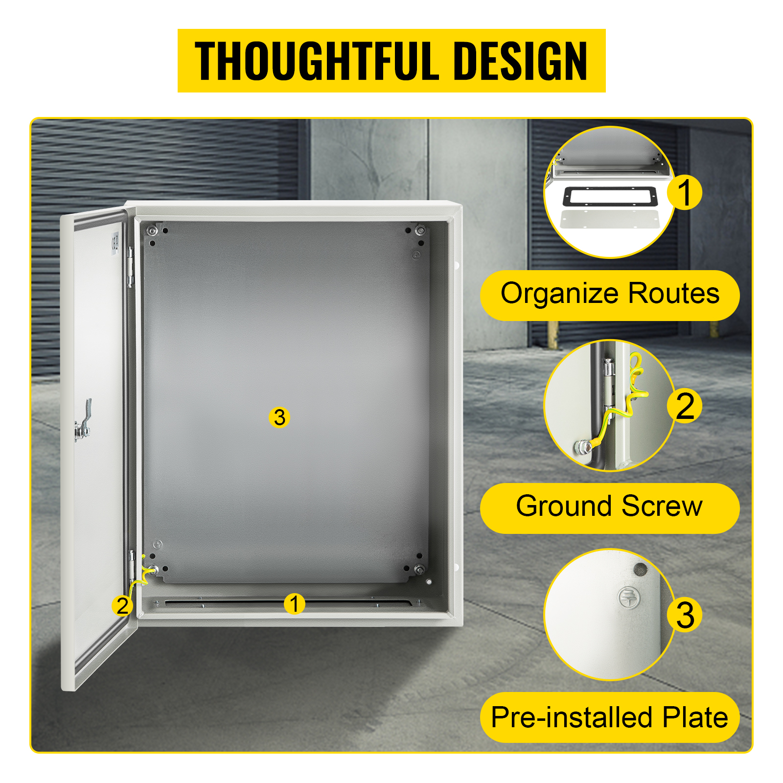 VEVOR nema steel enclosure showing organization routes, ground screw, pre-installed plate.