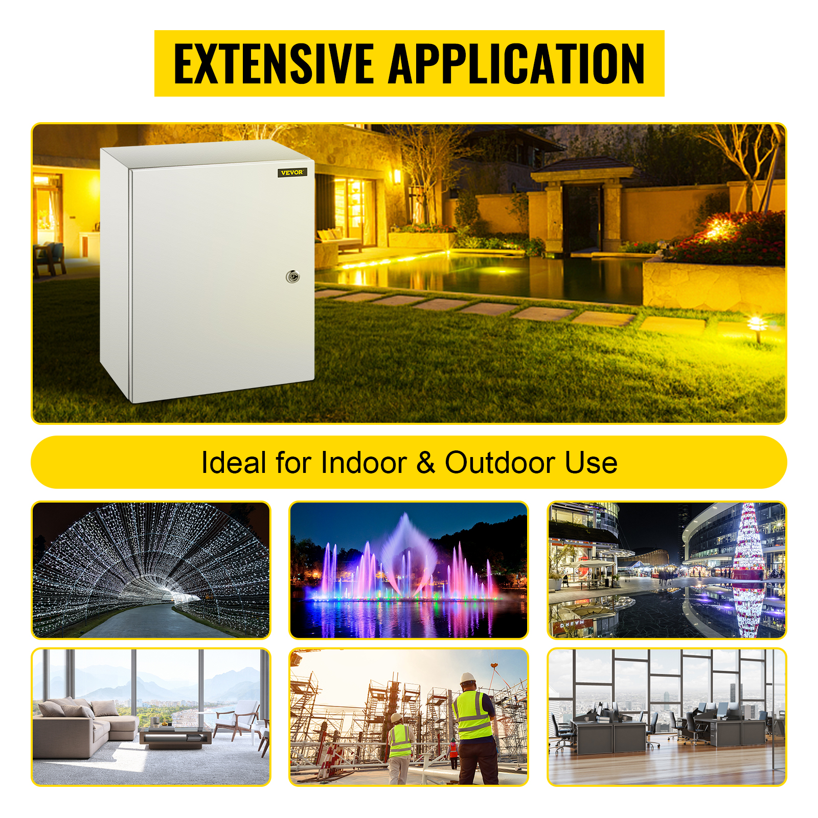 VEVOR nema steel enclosure suitable for indoor and outdoor use with six diverse applications.