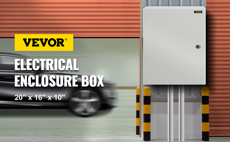 VEVOR nema steel enclosure against garage with orange door and black car.