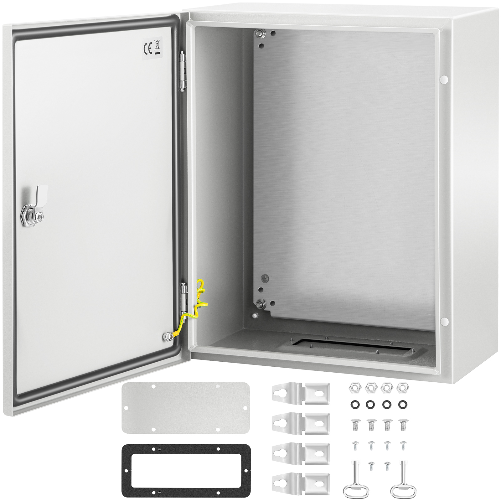 VEVOR nema steel enclosure with open door, mounting accessories, and installation hardware.