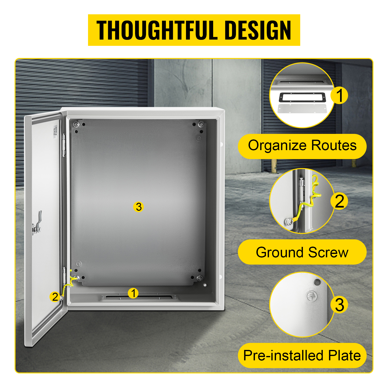 VEVOR nema steel enclosure featuring organize routes, ground screw, and pre-installed plate.