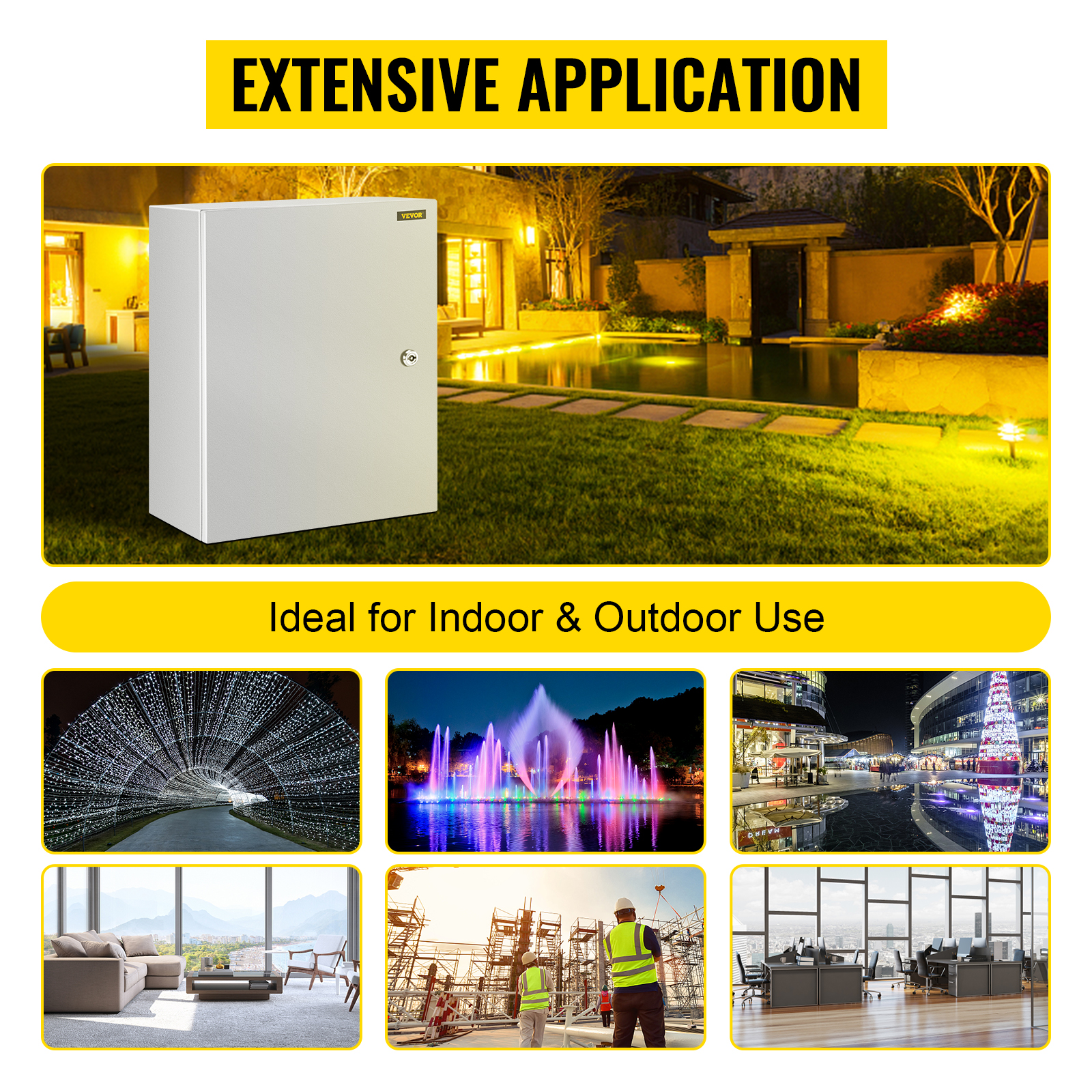 VEVOR nema steel enclosure for indoor and outdoor use, shown by various applications.