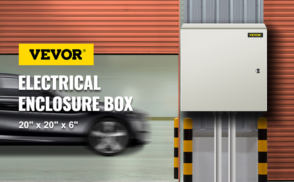 VEVOR nema steel enclosure mounted against a wall with dimensions 20"x20"x6".