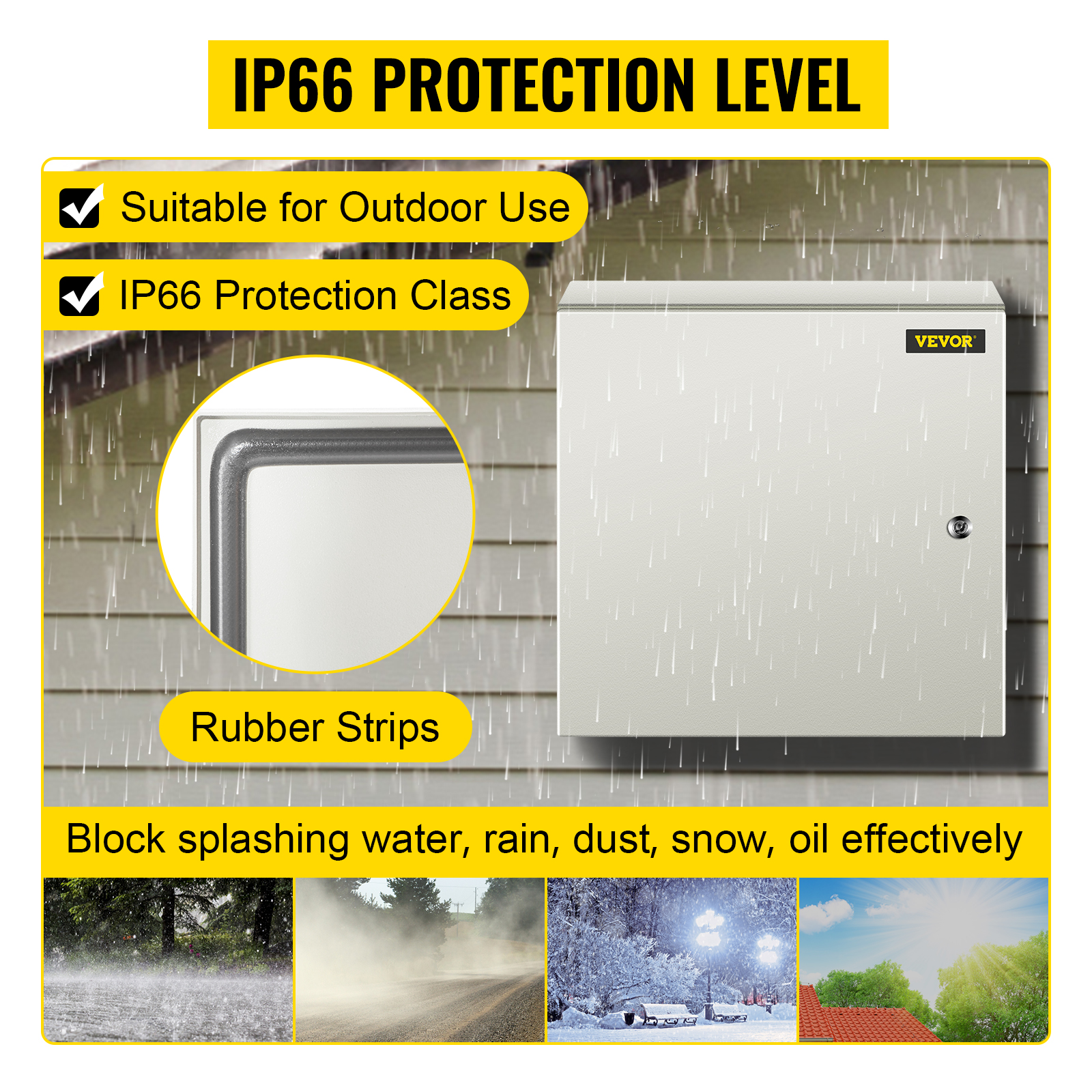 VEVOR nema steel enclosure with ip66 protection for outdoor use, rain resistant.